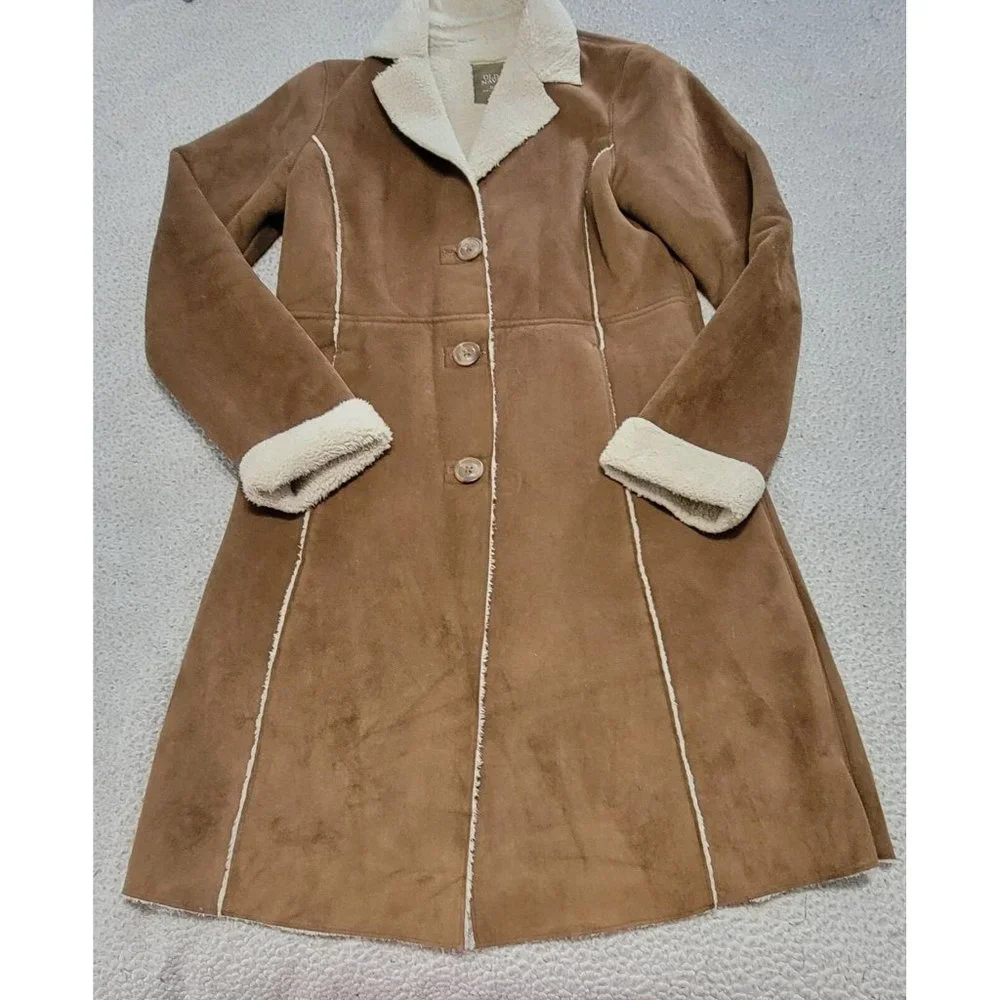 Old Navy Womens Brown Faux Suede Sherpa Lined Trench Coat Jacket Size Medium - Picture 3 of 14